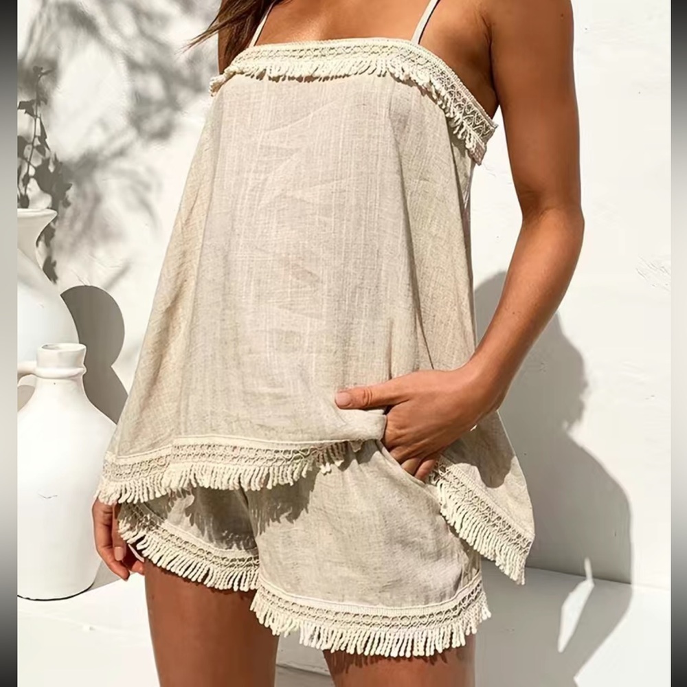 Boho Tassel Trim Two-piece Set, Backless Cami Top & Elastic Waist Shorts Outfits
